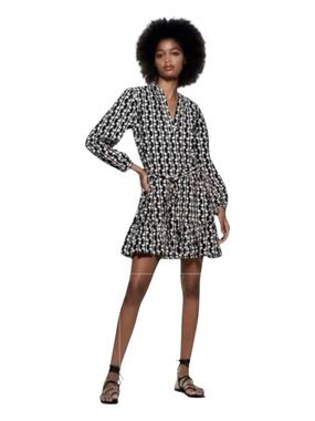 ZARA The Paula Mini Dress in Black & Ivory, Long Sleeve, Size S.
